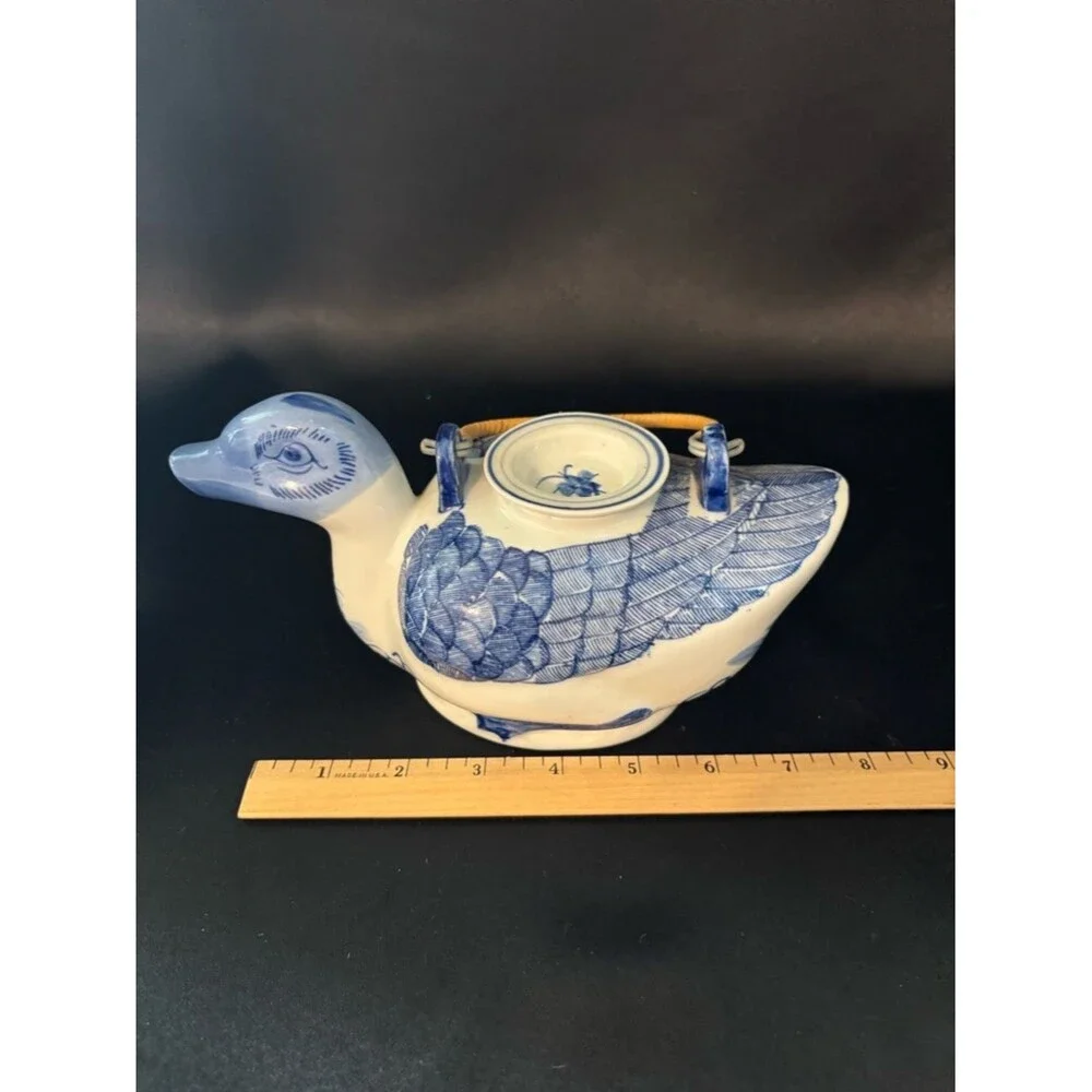 Vintage Blue & White Hand Painted Duck Teapot Floral Accents Made In China